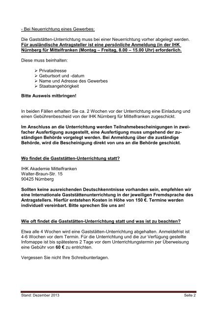 Merkblatt Gaststättenunterrichtung - IHK Nürnberg für Mittelfranken
