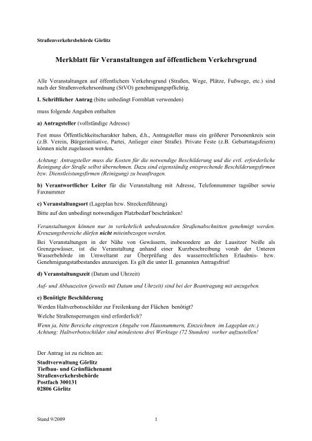 Merkblatt für Veranstaltungen auf öffentlichem Verkehrsgrund - Görlitz