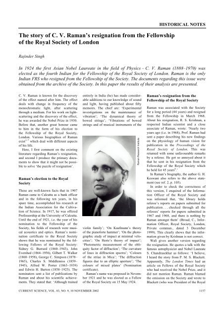 The story of C. V. Raman's resignation from the Fellowship of ... - IISc