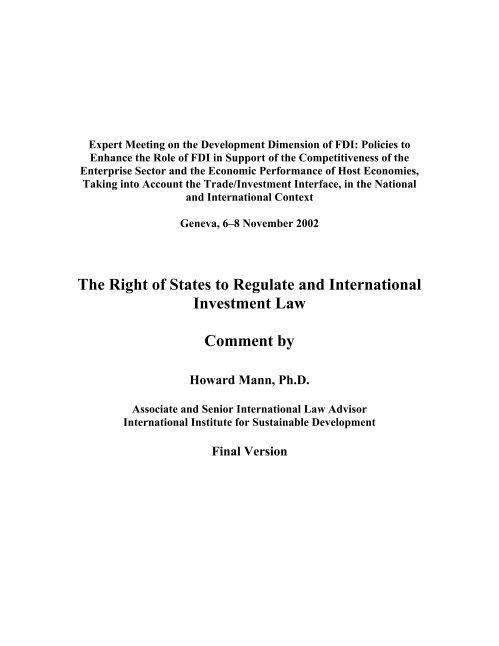 The Right of States to Regulate and International Investment Law