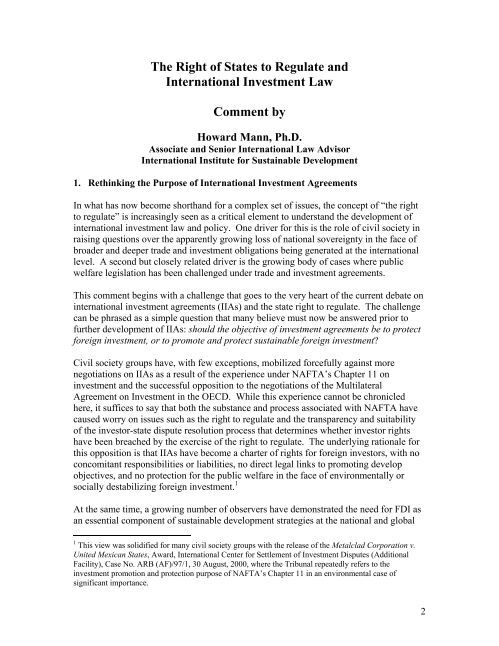 The Right of States to Regulate and International Investment Law