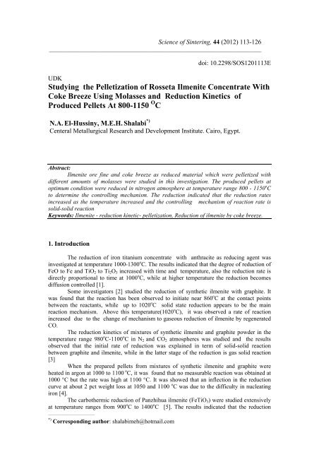 Studying the Pelletization of Rosseta Ilmenite ... - doiSerbia