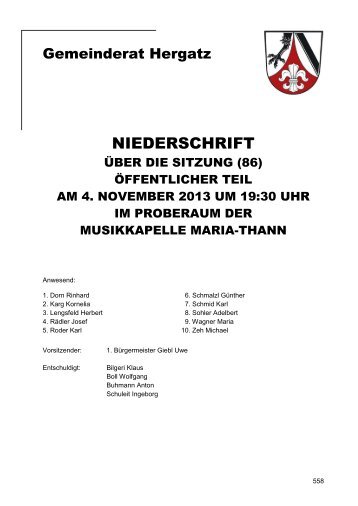 Protokoll der Sitzung Nr. 86 vom 04.11.2103 - Gemeinde Hergatz