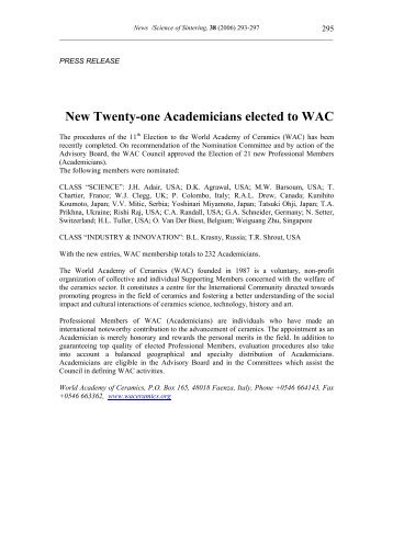 New Twenty-one Academicians elected to WAC - International ...