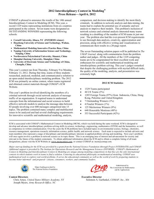2012 Interdisciplinary Contest in Modeling Press Release ... - COMAP