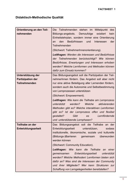 Factsheet 1: Leitfaden Qualitätskriterien für Weiterbildungsangebote