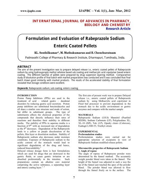 Formulation And Evaluation Of Rabeprazole Sodium Enteric