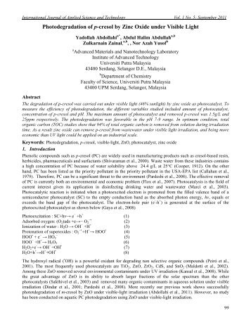 Photodegradation of p-cresol by Zinc Oxide under Visible Light