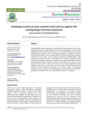 Antifungal activity of some common weed extracts against wilt causing fungi, Fusarium oxysporum