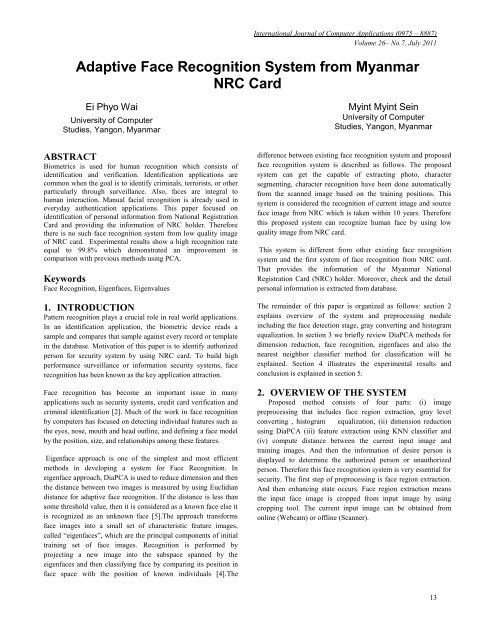 Adaptive Face Recognition System from Myanmar NRC Card