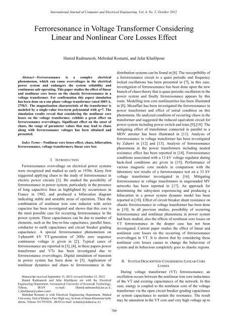 Ferroresonance in Voltage Transformer Considering Linear ... - ijcee