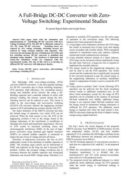 A Full-Bridge DC-DC Converter with Zero- Voltage Switching ... - ijcee