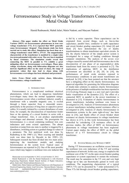 Ferroresonance Study in Voltage Transformers Connecting ... - ijcee