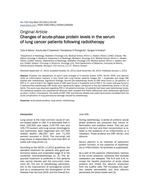 Changes of acute-phase protein levels in the serum of lung cancer ...