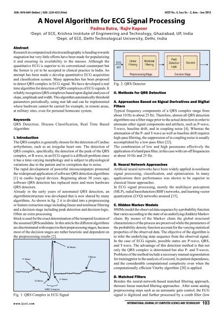 A Novel Algorithm for ECG Signal Processing - IJCST