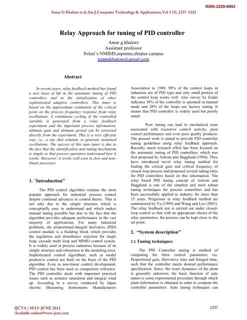 Relay Approach for tuning of PID controller - International Journal of ...