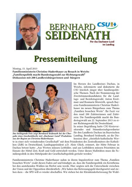 Familienministerin Christine Haderthauer zu Besuch in Weichs