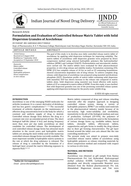 Formulation and Evaluation of Controlled Release Matrix Tablet with ...