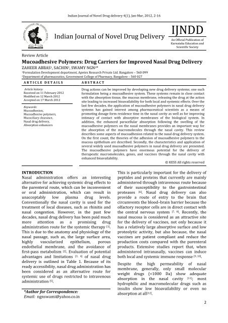 Mucoadhesive Polymers - Indian Journal of Novel Drug Delivery