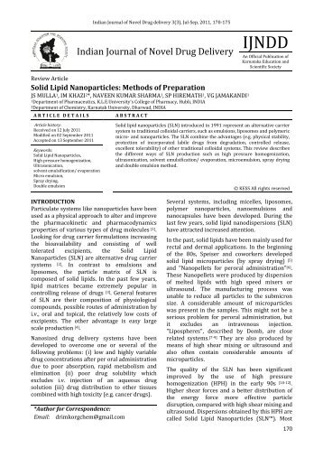 Solid Lipid Nanoparticles - Indian Journal of Novel Drug Delivery