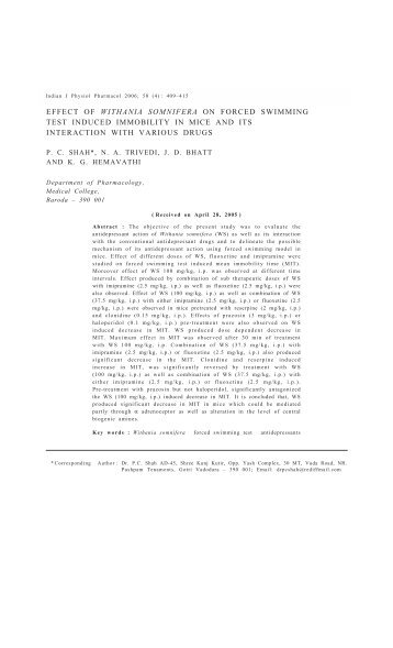 effect of withania somnifera on forced swimming test induced ...