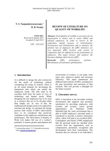 review of literature on quality of worklife - International Journal of ...