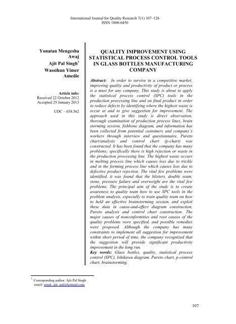 quality improvement using statistical process control tools in glass ...