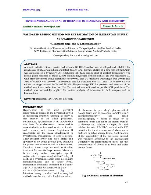 Rapid Assay Of irbesartan In Bulk And Tablet Dosage Form - ijrpc