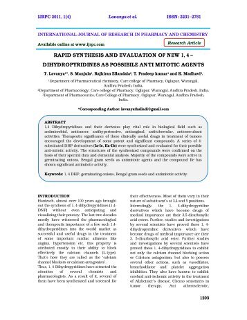 rapid synthesis and evaluation of new 1, 4 – dihydropyridines ... - ijrpc