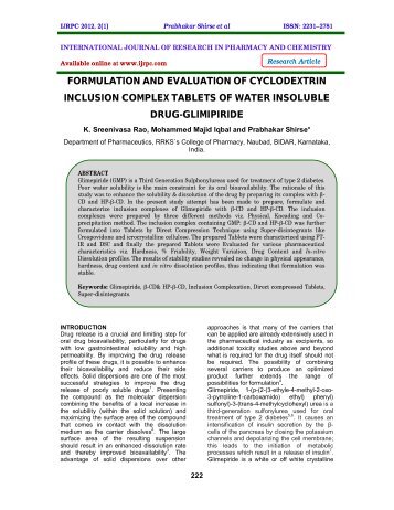 formulation and evaluation of cyclodextrin inclusion complex ... - ijrpc