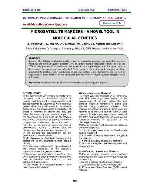 microsatellite markers – a novel tool in molecular genetics - ijrpc