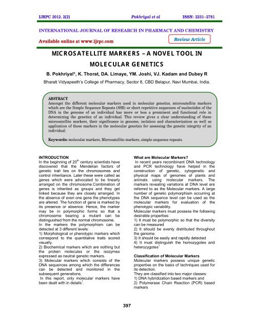 microsatellite markers – a novel tool in molecular genetics - ijrpc