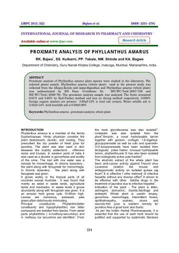 PROXIMATE ANALYSIS OF PHYLLANTHUS AMARUS - ijrpc