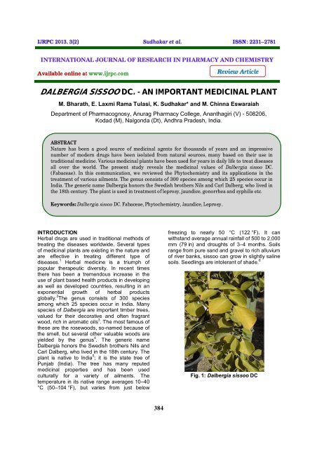 dalbergia sissoo dc. - an important medicinal plant - ijrpc