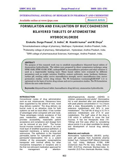 formulation and evaluation of buccoadhesive bilayered tablets ... - ijrpc