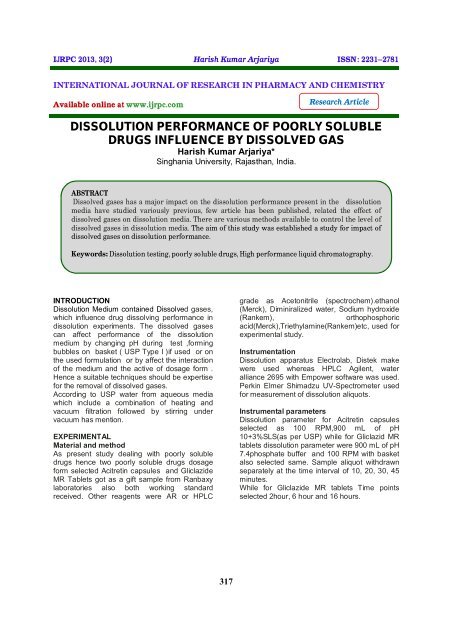 dissolution performance of poorly soluble drugs influence by ... - ijrpc