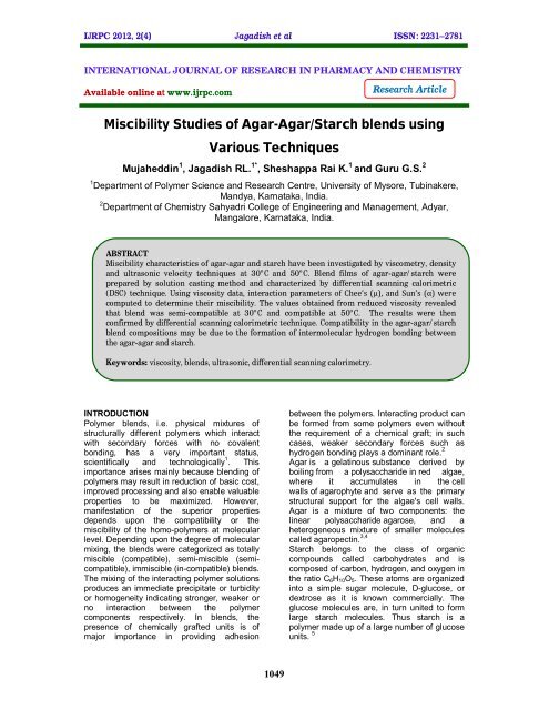 Miscibility Studies of Agar-Agar/Starch blends using Various ... - ijrpc