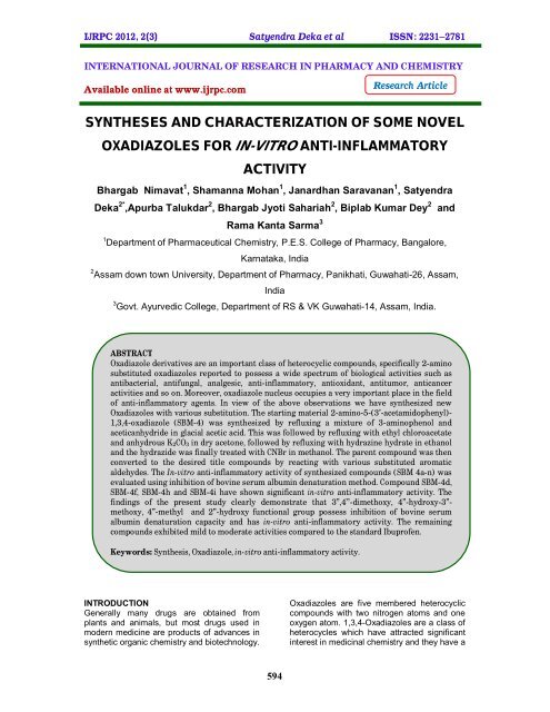 syntheses and characterization of some novel oxadiazoles for ... - ijrpc