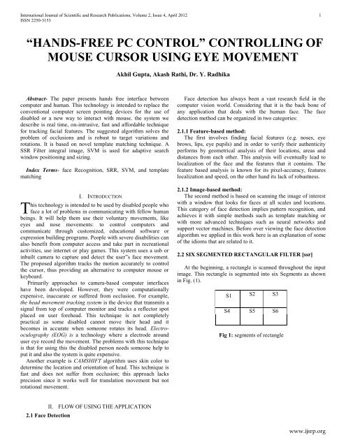 hands-free pc controlâ€ controlling of mouse cursor using  - Ijsrp.org