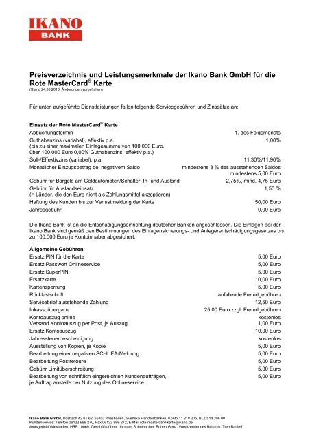 Preisverzeichnis Rote MasterCardÂ® Karte - Ikano Bank GmbH
