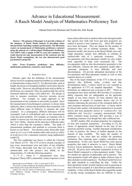 A Rasch Model Analysis Of Mathematics Proficiency Test Ijssh A Rasch Model Analysis Of Mathematics Proficiency Test Ijssh