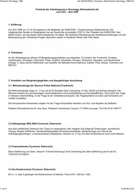 Protokoll der Arbeitstagung in Hirschegg, Kleinwalsertal - IKAR-CISA