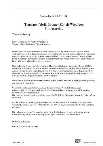 VII.174. Tonwarenfabrik Bodmer - Stadt Zürich