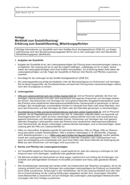 Merkblatt zum Antrag/ Erklärung zu den Mitwirkungspflichten