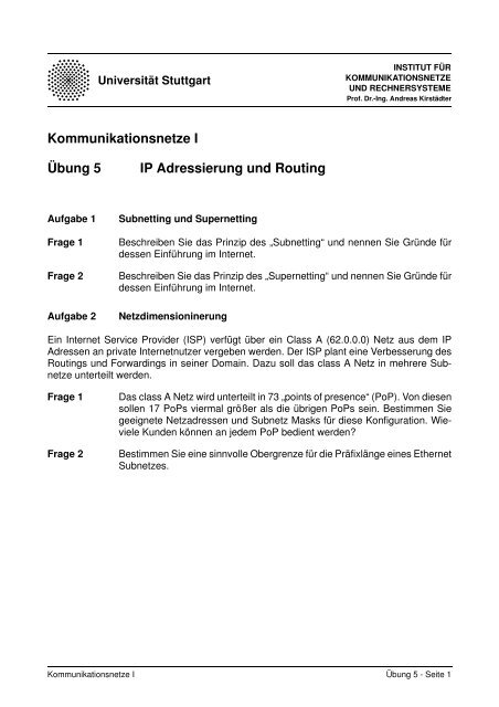 Übung 5 Kommunikationsnetze I IP Adressierung und Routing