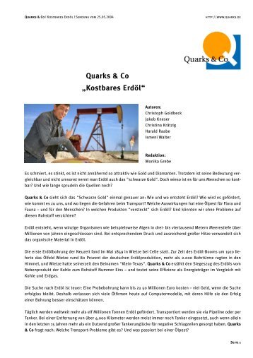 Quarks & Co „Kostbares Erdöl“ - WDR.de