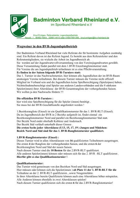 Wegweiser BVR- Jugendspielbetrieb - Badminton Verband Rheinland