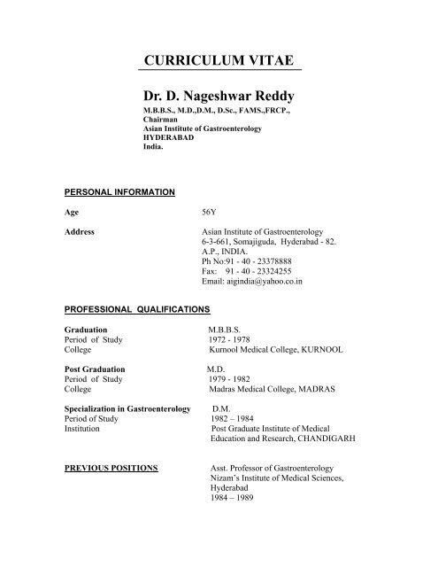 Curriculum Vitae Dr D Nageshwar Reddy Hepatitis Hepatitis