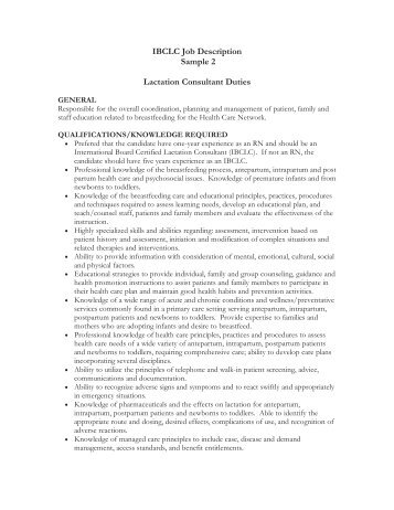 IBCLC Job Description Sample 2 Lactation Consultant Duties