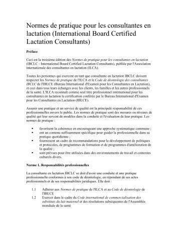 Normes de pratique - International Lactation Consultant Association